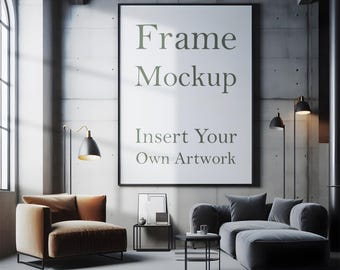 Industrial Living Room Frame Mockup: Vertical Poster Art (PSD)