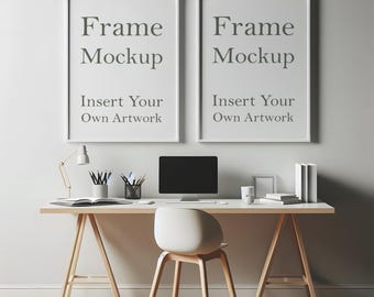 Double White Frame Mockup: Home Office Interior (PSD, JPEG, PNG)