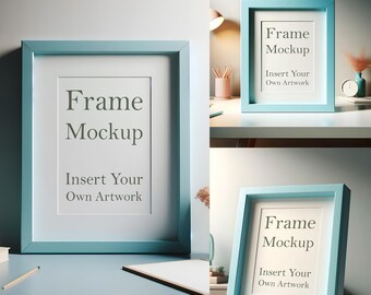 Blue Frame Mockup Bundle: Print Art Poster (PSD, PNG, JPEG)