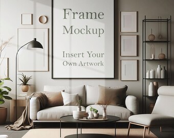 Maqueta de marco negro: Interior de sala de estar, póster artístico (PSD, JPEG, PNG)