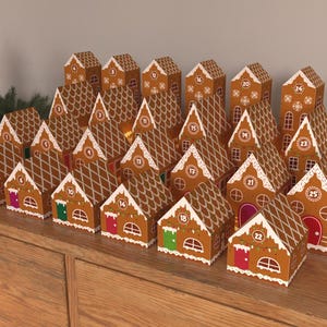 Puede incluir: Un calendario de adviento de casa de jengibre con 25 puertas numeradas. Cada puerta está decorada con glaseado blanco y caramelos. El calendario está hecho de cartón y es perfecto para la temporada navideña.