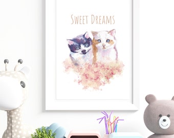 Two Kittens Watercolor Fine Art Print Wall Art for Children's Rooms by Renee Fukumoto, "Sweet Dreams"