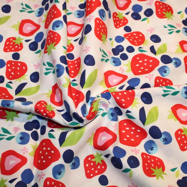 Summer Cotton Fabric, Strawberries Blueberries Fruits Cotton Fabric, 44" Wide 100% Cotton Quilting Fabric, Sold By the Yard