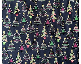 Christmas Cotton Fabric, Gold Glitter Christmas Trees on Black 44" Wide 100% Cotton Quilting Fabric - Sold By The Yard