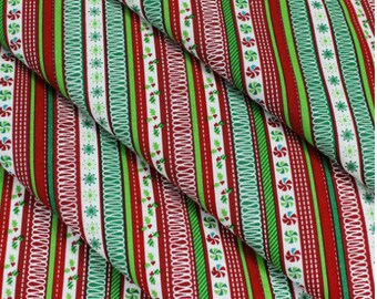 Christmas Cotton Fabric, Holly and Stripes, 44" Wide 100% Cotton Quilting Fabric, Sold By the Yard