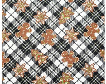 Christmas Cotton Fabric, Gingerbread on White & Black Plaid, 44" Wide 100% Cotton Quilting Fabric, Sold By the Yard