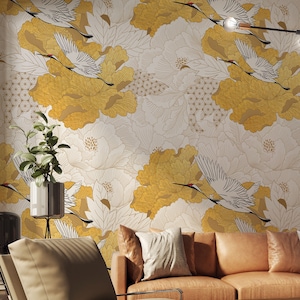 Yellow Crane Birds Wallpaper Chinoiserie | Chinese Birds Wall Mural | Chinoiserie Peel and Stick Wallpaper | Japanese Crane Wallpaper Mural