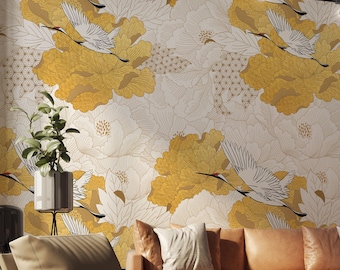 Yellow Crane Birds Wallpaper Chinoiserie | Chinese Birds Wall Mural | Chinoiserie Peel and Stick Wallpaper | Japanese Crane Wallpaper Mural