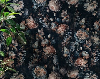 Dark Floral Peel and Stick Wallpaper, Botanical Wallpaper Dark Floral, Moody Floral Wallpaper Birds, Dark Flower Wallpaper Secret Garden