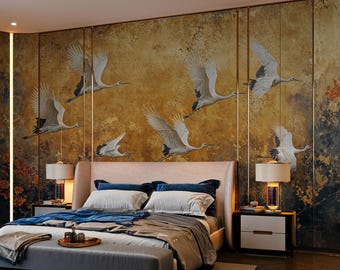 Gold Chinoiserie Peel and Stick Wallpaper, Chinoiserie Wall Mural with Birds, Vintage Chinoiserie Wallpaper Panoramic, Crane Wallpaper Mural