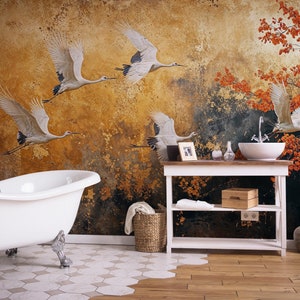 Gold Chinoiserie Peel and Stick Wallpaper, Chinoiserie Wall Mural with Birds, Vintage Chinoiserie Wallpaper Panoramic, Crane Wallpaper Mural
