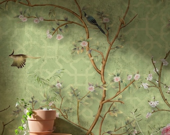 Green Chinoiserie Wallpaper Cherry Blossom | Tree Branch Wallpaper wtih Birds | Chinoise Flowers and Birds Wallpaper Mural