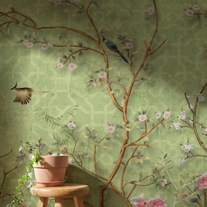 Green Chinoiserie Wallpaper Cherry Blossom | Tree Branch Wallpaper with Birds | Chinoiserie Flowers and Birds Wallpaper Mural
