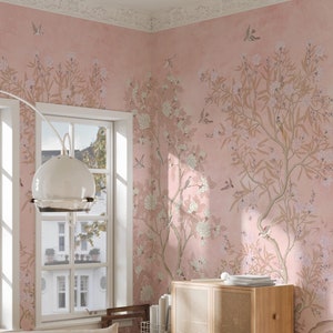 Pink Chinoiserie Wallpaper Mural, Chinese Bird and Floral Wallpaper, Chinoiserie Peel and Stick Wallpaper, Tree and Birds Wallpaper
