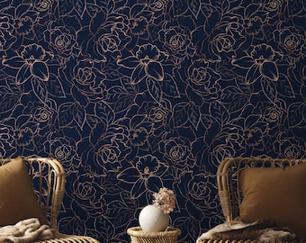 Navy Floral Wallpaper | Drawn Peony Flowers Wallpaper | Navy Blue and Gold Wallpaper | Modern Floral Line Art Wallpaper