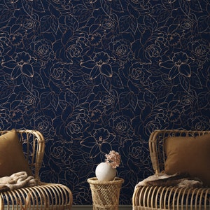 Navy Floral Wallpaper | Drawn Peony Flowers Wallpaper | Navy Blue and Gold Wallpaper | Modern Floral Line Art Wallpaper