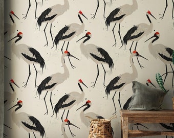 Vintage Crane Bird Chinoiserie Peel and Stick Wallpaper