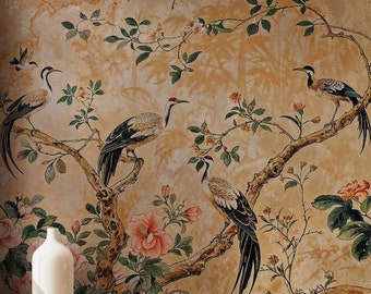 Chinoiserie Peel and Stick Wallpaper with Birds | Crane Bird Chinoiserie Wallpaper Mural | Tree and Bird Wallpaper | Asian Tree Wall Mural