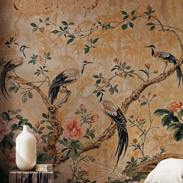 Chinoiserie Peel and Stick Wallpaper with Birds | Crane Bird Chinoiserie Wallpaper Mural | Tree and Bird Wallpaper | Asian Tree Wall Mural