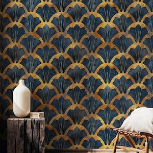 Vintage Art Deco Peel and Stick Wallpaper, Arches Wallpaper, 1920s Art Deco Wallpaper Navy and Gold, Dark Blue and Gold Wallpaper Geometric