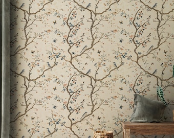 Vintage Chinoiserie Wallpaper Mural, Cherry Blossom Wallpaper with Birds, Chinoiserie Wall Mural, Asian Inspired Wallpaper, Tree Wallpaper