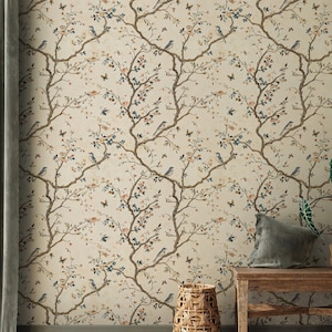 Vintage Chinoiserie Wallpaper Mural, Cherry Blossom Wallpaper with Birds, Chinoiserie Wall Mural, Asian Inspired Wallpaper, Tree Wallpaper