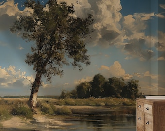 Scenic Wallpaper Mural, Landscape Mural Wallpaper Oil Painting, Woodland Scene Wallpaper, Vintage Landscape Wallpaper Tree, Scenic Mural