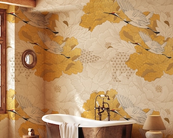 Yellow Crane Birds Wallpaper Chinoiserie | Chinese Birds Wall Mural | Chinoiserie Peel and Stick Wallpaper | Japanese Crane Wallpaper Mural