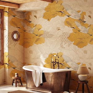 Yellow Crane Birds Wallpaper Chinoiserie | Chinese Birds Wall Mural | Chinoiserie Peel and Stick Wallpaper | Japanese Crane Wallpaper Mural