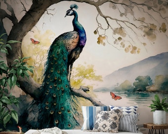 Chinoiserie Peel and Stick Wallpaper Scenic | Peacock Wallpaper Peeland Stick Landscape | Peacock Wall Mural Chinoiserie | Removal Wallpaper