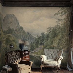 Vintage Landscape Wallpaper Watercolor, Woodland Scenic Wallpaper Peel and Stick, Scenic Wall Mural Peel and Stick Landscape, Wallcovering