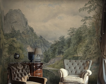 Vintage Landscape Wallpaper Watercolor, Woodland Scenic Wallpaper Peel and Stick, Scenic Wall Mural Peel and Stick Landscape, Wallcovering