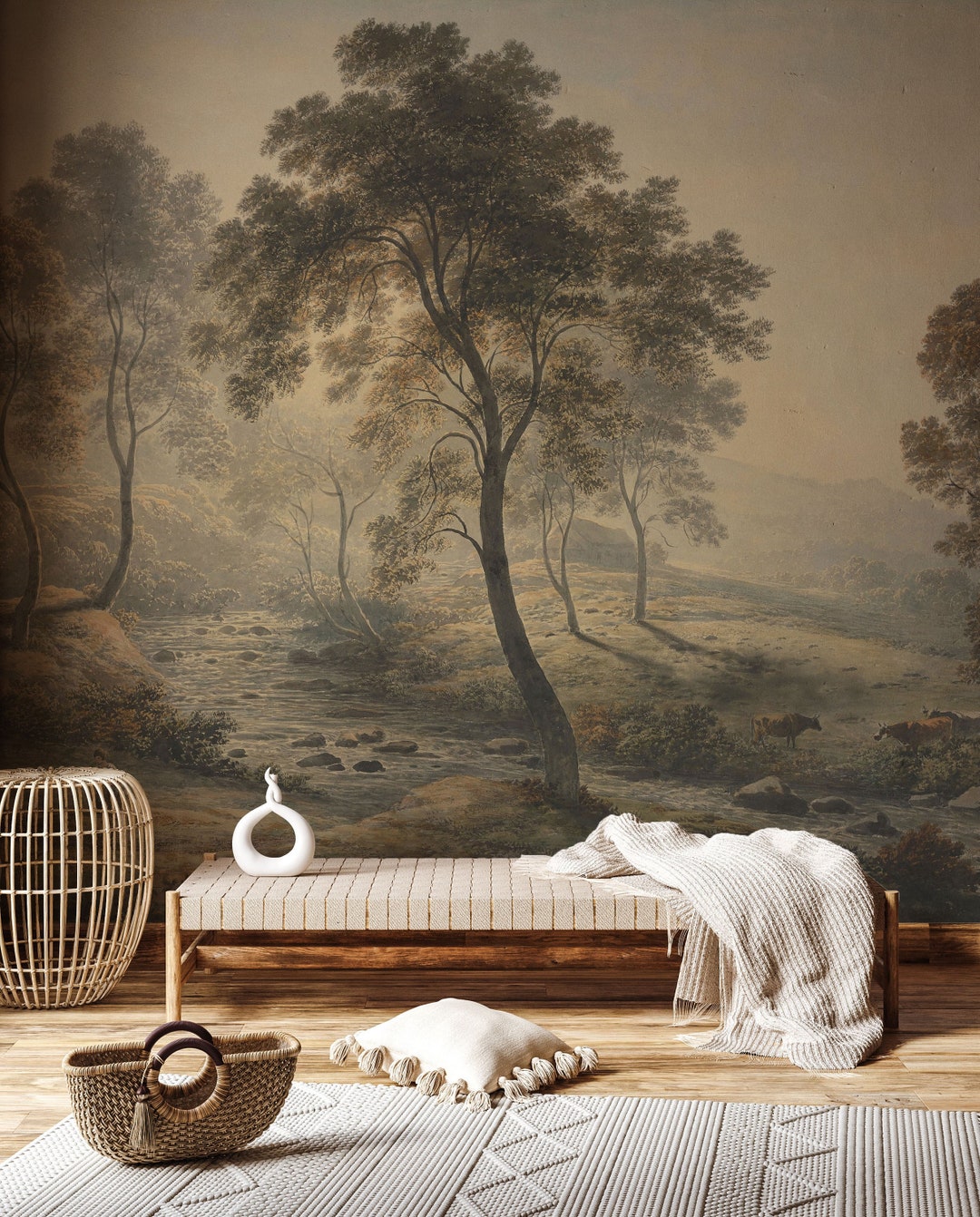 Rural Vintage Landscape Wallpaper Peeland Stick | Painting Scenic ...