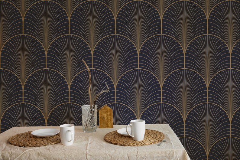 Navy Gold Wallpaper Art Deco Wallpaper Blue and Gold Navy Etsy
