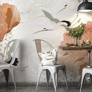 Japanese Crane Wallpaper Peel and Stick | Crane Bird Chinoiserie Wallpaper Mural | Oriental Wallpaper | Crane Bird Wallpaper