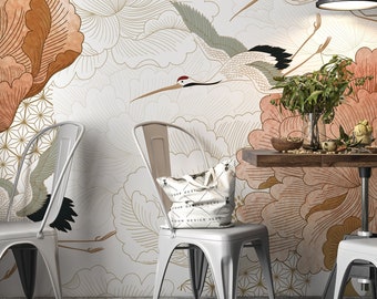 Japanese Crane Wallpaper Peel and Stick | Crane Bird Chinoiserie Wallpaper Mural | Oriental Wallpaper | Crane Bird Wallpaper