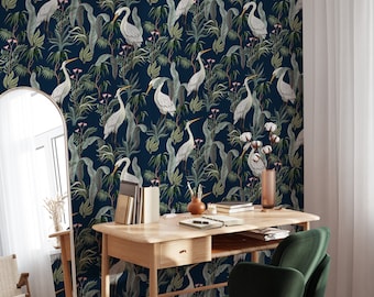Heron Wallpaper Peel and Stick | Chinoiserie Bird Wallpaper Botanical | Heron Print Wallpaper | Crane Bird Chinoiserie Wallpaper Mural