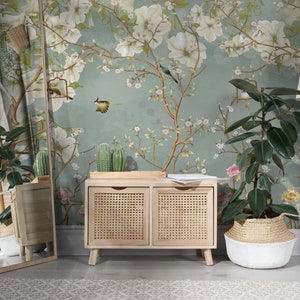 Vintage Chinoiserie Wallpaper with Birds | Tree Branch Wallpaper Vintage | Blue Chinoiserie Peel and Stick Wallpaper or Non-Woven