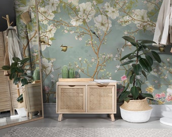 Vintage Chinoiserie Wallpaper with Birds | Tree Branch Wallpaper Vintage | Blue Chinoiserie Peel and Stick Wallpaper or Non-Woven