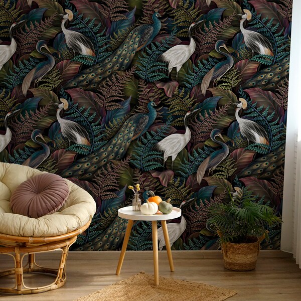 Peacock Chinoiserie Wall Paper | Fern Leaves Wallpaper | Crane Birds Wallpaper | Peacock Peel and Stick Wallpaper | Heron Wall Mural