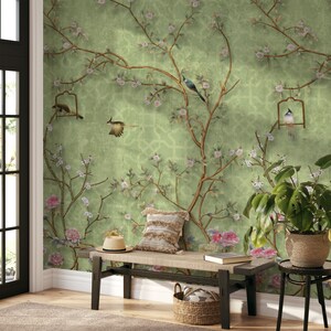 Green Chinoiserie Wallpaper Cherry Blossom | Tree Branch Wallpaper With ...