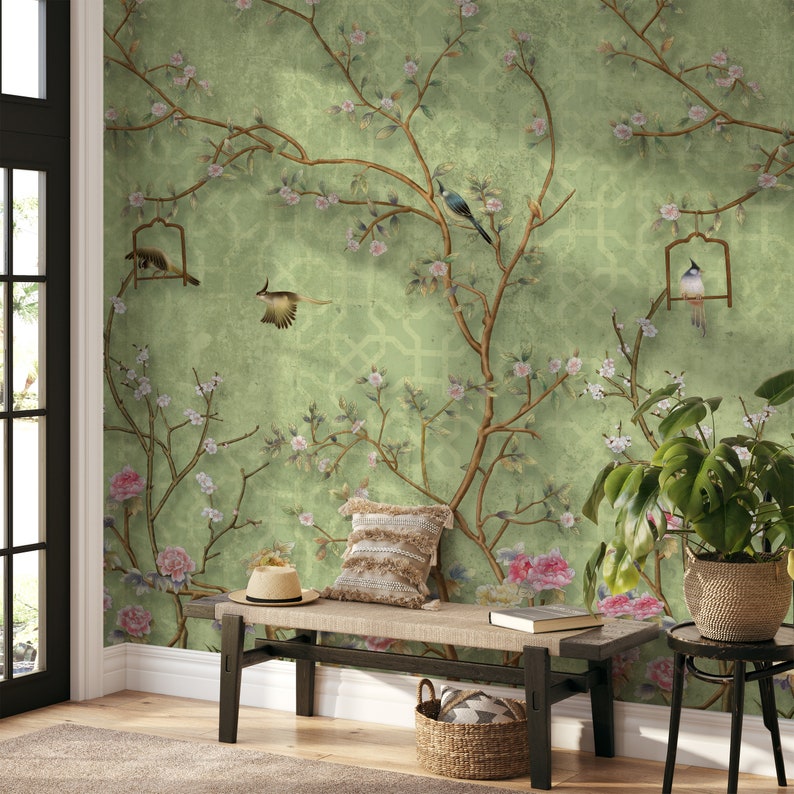 Green Chinoiserie Wallpaper Cherry Blossom | Tree Branch Wallpaper With ...