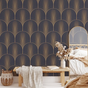 Navy Gold Wallpaper | Art Deco Wallpaper Blue and Gold | Navy Blue Wallpaper for Bathroom | Art Deco Peel and Stick Wallpaper Blue and Gold