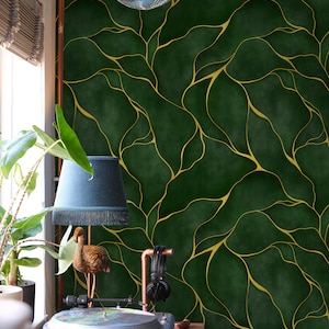 Green Watercolor Wallpaper | Dark Green Marble Wallpaper Abstract | Peel and Stick Wallpaper Green and Gold | Green and Gold Leaf Wallpaper