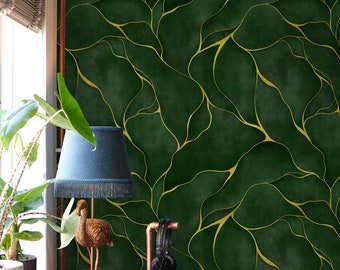 Green Watercolor Wallpaper | Dark Green Marble Wallpaper Abstract | Peel and Stick Wallpaper Green and Gold | Green and Gold Leaf Wallpaper