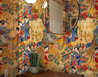 Vintage Geisha Wallpaper Mural: Japanese Art Peel and Stick Wall Covering