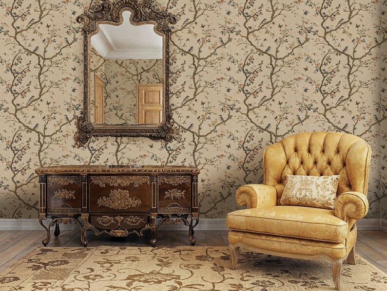Vintage Chinoiserie Wallpaper Mural, Cherry Blossom Wallpaper With ...