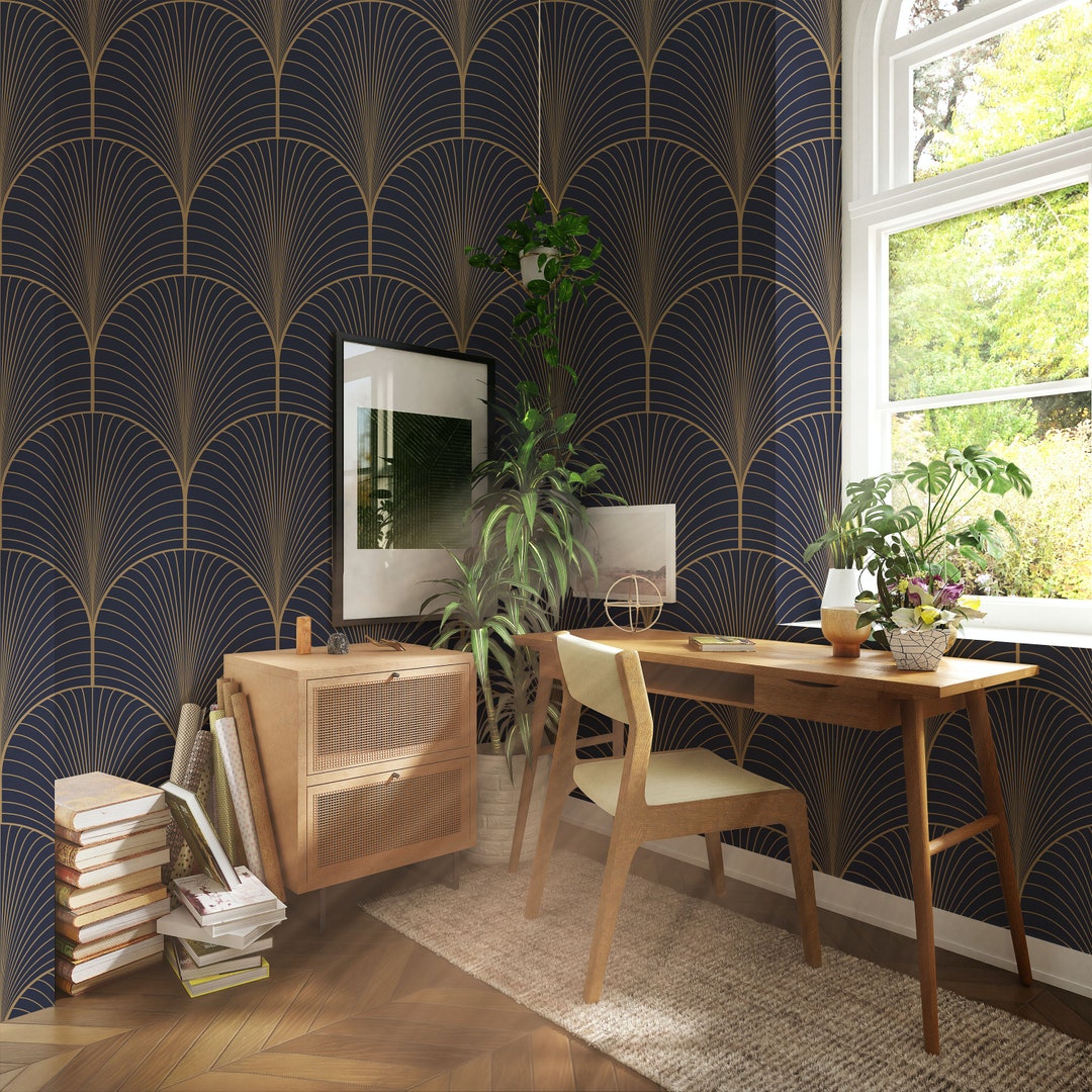 Navy Gold Wallpaper Art Deco Wallpaper Blue and Gold Navy Blue