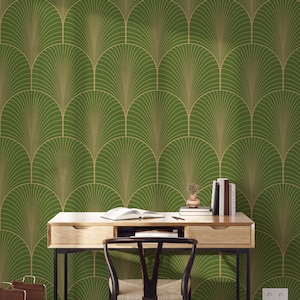 Olive Green Art Deco Wallpaper | Green Gold Arches Wallpaper | Olive Green Peel and Stick Wallpaper | Renter Friendly Art Deco Wallpaper