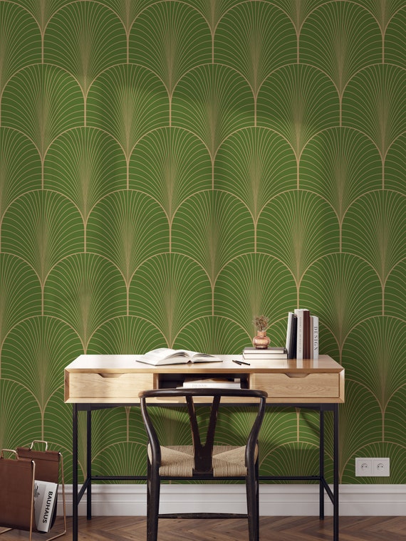 Olive Green Art Deco Wallpaper | Green Gold Arches Wallpaper | Olive Green Peel and Stick Wallpaper | Renter Friendly Art Deco Wallpaper